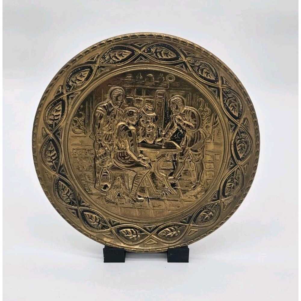 Brass Decorative Embossed Plate with Figures and Scene Collectible Metalware